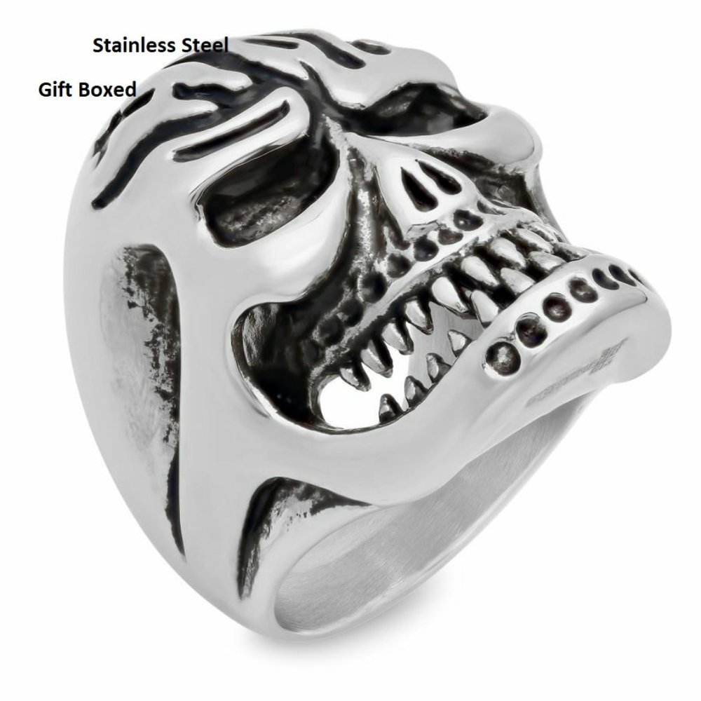 Bold skull ring heavy silver mens stainless motorcycle band Size 9 New